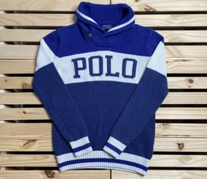 Ralph Lauren Polo Cotton Shawl Sweater Youth XL Blue & White Polo Spell Out - Picture 1 of 7