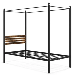 Twin Size 4-Post Canopy Metal Bed Frame W/Under Bed Storage & Slatted Headboard - Picture 1 of 10