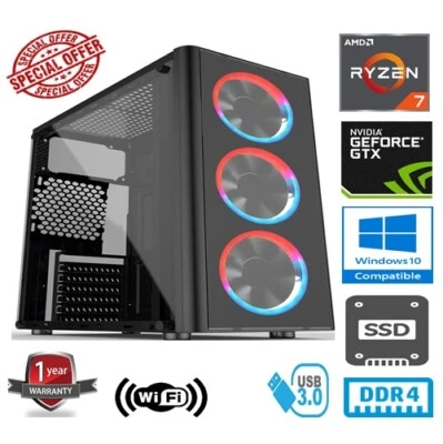 RYZEN 7 2700X 3.7GHz 8 CORE 16GB RAM 120GB SSD 1TB HD NVIDIA GTX1660 GAMING PC - Image 1 of 4