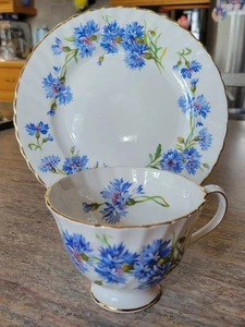 Royal Adderley England bianco, blu fiordalisi tazza da tè e piatto da dessert set - Foto 1 di 13