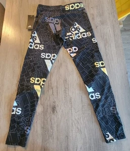 NWT adidas Big Girl's Black All Over Logo Ankle Length Sport Leggings sz L 14 - Picture 1 of 5