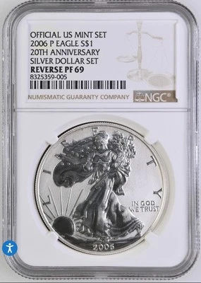 2006-P Silver Eagle 20th Anniversary $1 Reverse PF 69 NGC Official US Mint Set - Image 1 of 2