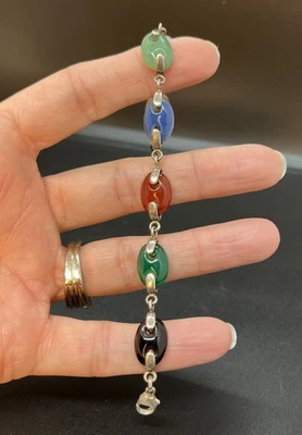 "Pulsera de eslabones de vidrio de piedra natural ovalada de plata de ley 925 7,5"" multicolor" Foto 1 de 4