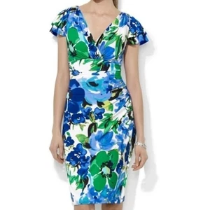 Lauren Ralph Lauren Floral Flutter Sleeve Ruched Waist Wrap Dress Size 10 - Picture 1 of 9