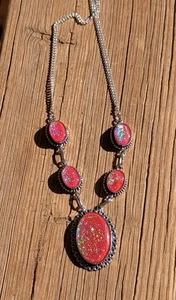 NEW! 20" STUNNING! STERLING SILVER & SIM PINK OPAL STATEMENT NECKLACE - Picture 1 of 8