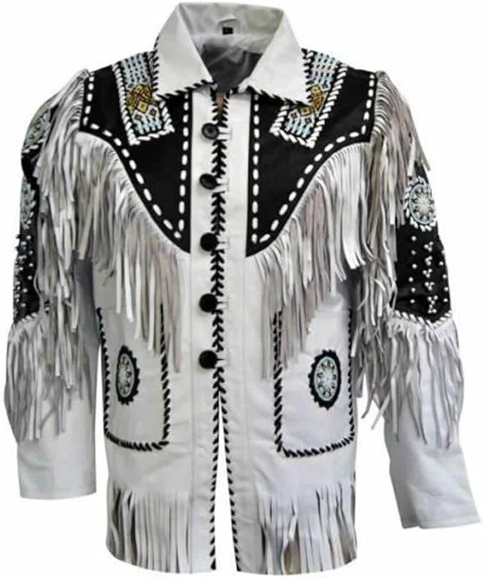 Western Cowhide Leather Jacket Mens Native American Beads & Fringe Cowboy Jacket - Image 1 of 4