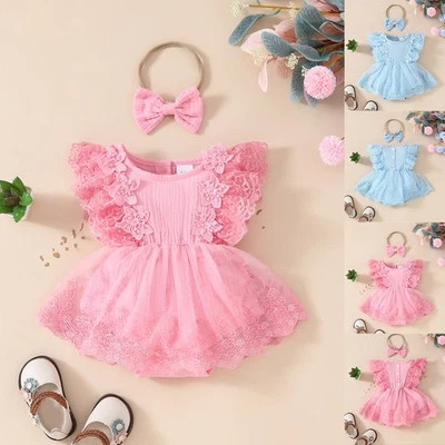 Newborn Baby Girl Ruffle Bodysuit Romper Headband Clothes Floral Outfits Set - Image 1 of 4