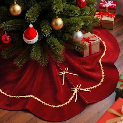 60 Inch Christmas Tree Skirt, Large Red Velvet Tree Skirts with Gold Lace Tri... - Image 1 of 4