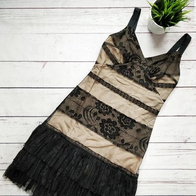 TRACY REESE Black Nude Lace Ruffle Knee-Length Dress Silk Lining S - Image 1 of 4