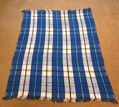 Vintage Mexican Serape Blanket Throw Blue, Grey & White Striped 72x62 - Image 1 of 4