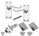 Door Handles Polished Chrome Victorian Scroll With Latches and Hinges x 4 Sets