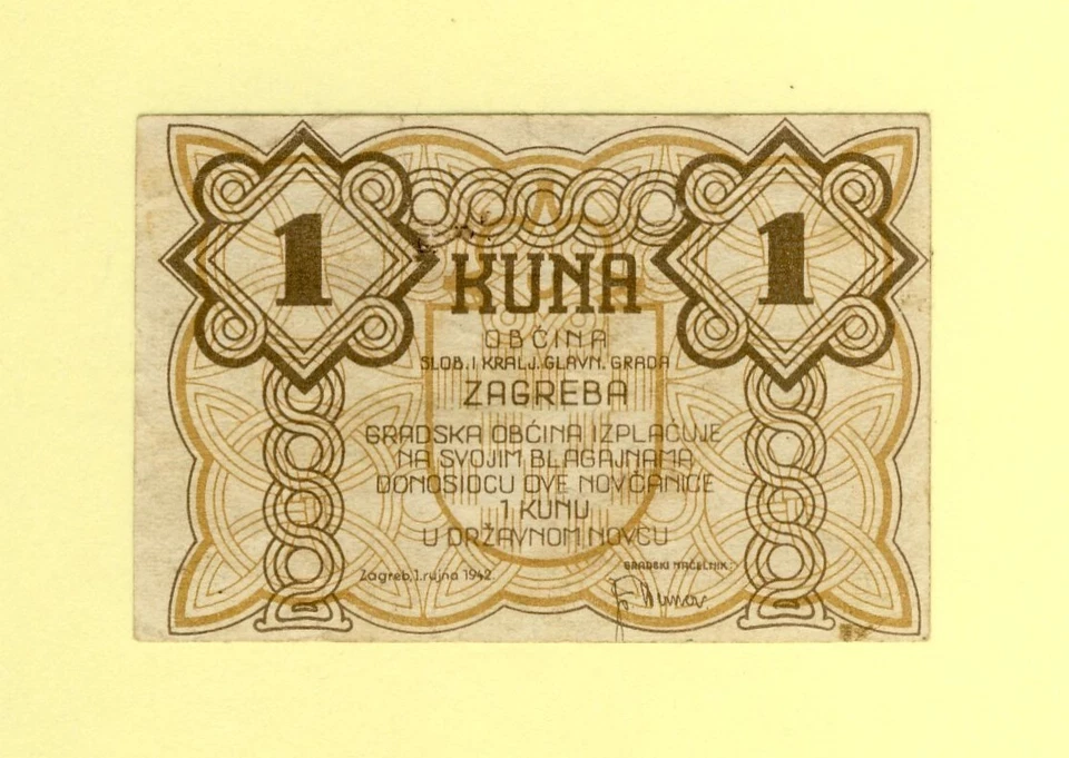 CROATIA 1 KUNA 1942 ZAGREB CITY City money of ZAGREB WWII RARE VF++ - Image 1 of 2