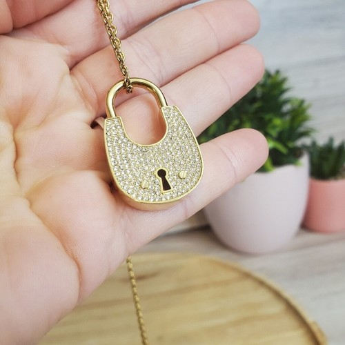 Collana lunga Michael Kors ciondolo lucchetto pietra tono oro bellissima *