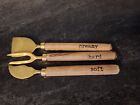 3pc Cheese Knives  Goldtone w/Wooden Handles that Say, Soft/Creamy/Hard 6" 