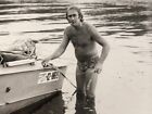 1970s Shirtless Handsome Smokes Guy Trunks Bulge Boat Gay int Vintage Photo