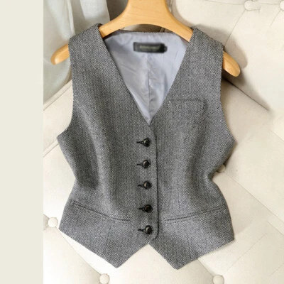 Formal Womens Retro Wool Blend Tweed Vest Herringbone Slim Fit Waistcoat Outwear - Image 1 of 4