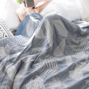 Manta delgada de algodón puro de gasa de 5 capas para verano con impresión activa hoja suave - Imagen 1 de 18