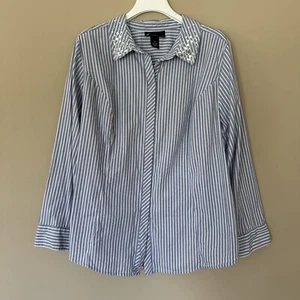 Lane Bryant Women 24 Striped Button Up Shirt Long Sleeve Rhinestone Collar Plus - Picture 1 of 9