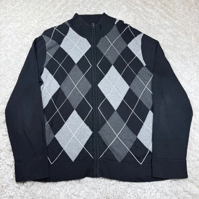Suéter INC Para Hombre L Argyle Cremallera Cárdigan Negro Gris Papá Preppy Clásico Trabajo Foto 1 de 4