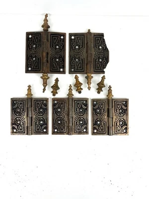 Antique Iron Door Hinges Fancy with BRASS  Steeple Tops Group Parts Repair - Image 1 of 4