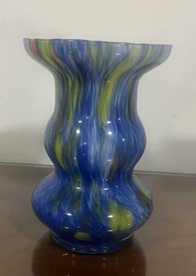 Vintage Lavorazione Arte Murano Swirled Hand Blown Blue Glass Round Vase 6" Tall - Image 1 of 4