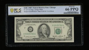 DBR 1985 $100 FRN Chicago Gem Fr. 2171-G PCGS-B 66 PPQ Serial G53490762A - Picture 1 of 2