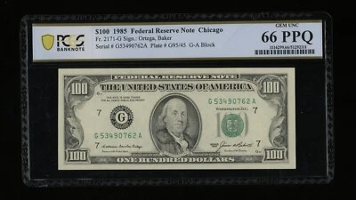 DBR 1985 $100 FRN Chicago Gem Fr. 2171-G PCGS-B 66 PPQ Serial G53490762A - Image 1 of 2