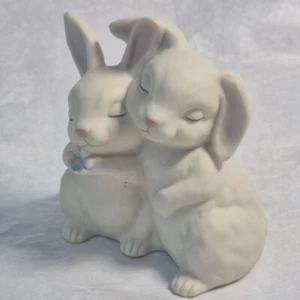 Porcelain Homco He Loves Me Flower Bunnies Warm Hug Love Vtg 1990 Artist Minzino - Picture 1 of 10