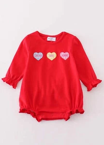 Girl's Boutique Premium Red Valentine Heart Applique Embroidery Embroidered Romp - Picture 1 of 9