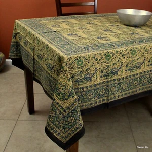 Cotton Block Print Tablecloth Elephant Green Blue Batik Kitchen Dining Linen - Picture 1 of 8