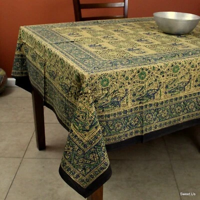 Cotton Block Print Tablecloth Elephant Green Blue Batik Kitchen Dining Linen - Image 1 of 4