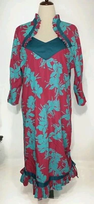 Vestido feminino vintage anos 60 Hawaiian Heritage Allan James fuschia/azul-petróleo sem etiqueta tamanho - Imagem 1 de 4