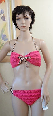 CALIFORNIA WAVES pink crochet style w animal print detail halter top & bottom,L - Image 1 of 4