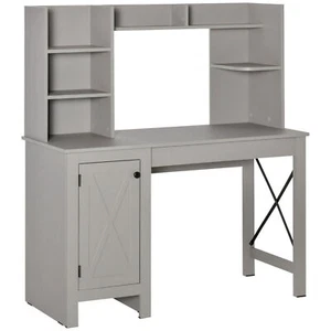 Farmhouse Computer Desk W/ Hutch Tabletop Cabinet Home Office Study Light Grey - Picture 1 of 11
