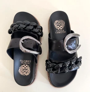 Vince Camuto Double Band Chain Leather Slide Sandals - Kenedys- Black Size 6 M - Picture 1 of 9