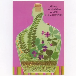 Tarjeta de felicitación vintage Norcross GET WELL HOSPITAL, tarro de terrario flores sin usar - Imagen 1 de 6