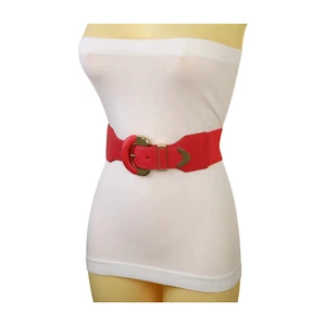 Women Coral Pink Red Faux Leather Elastic Waistband Belt Round Gold Buckle S M - Picture 1 of 18