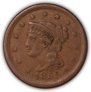 Moneda XF extremadamente fina de centavo grande cabello trenzado 1851 #23286 - Imagen 1 de 3