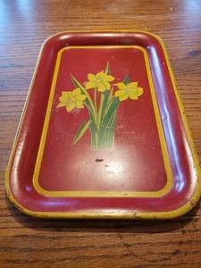 VTG Tray Hand Painted Red Yellow Flowers 14" X 9" Aprx - Picture 1 of 11