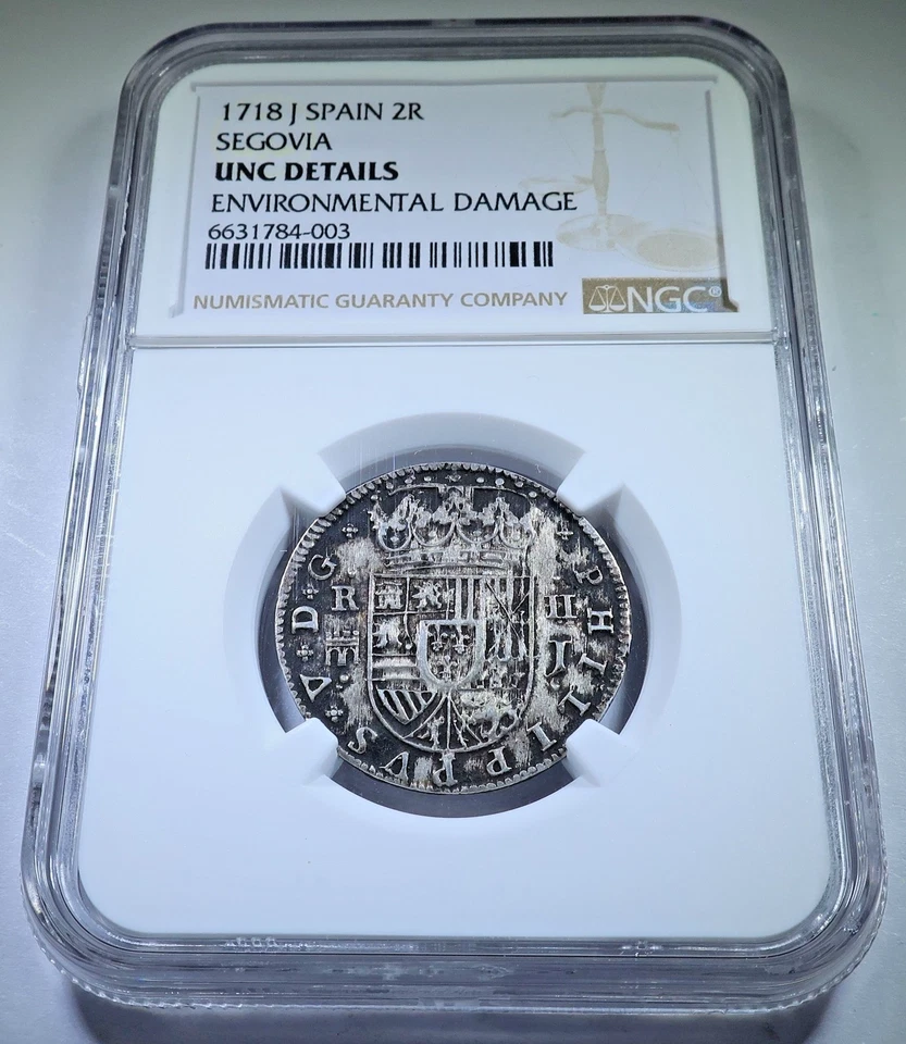 NGC BU 1718 Moneda Pirata Cruz Colonial Antigua Genuina 2 Reales Española Años 1700 Foto 1 de 2