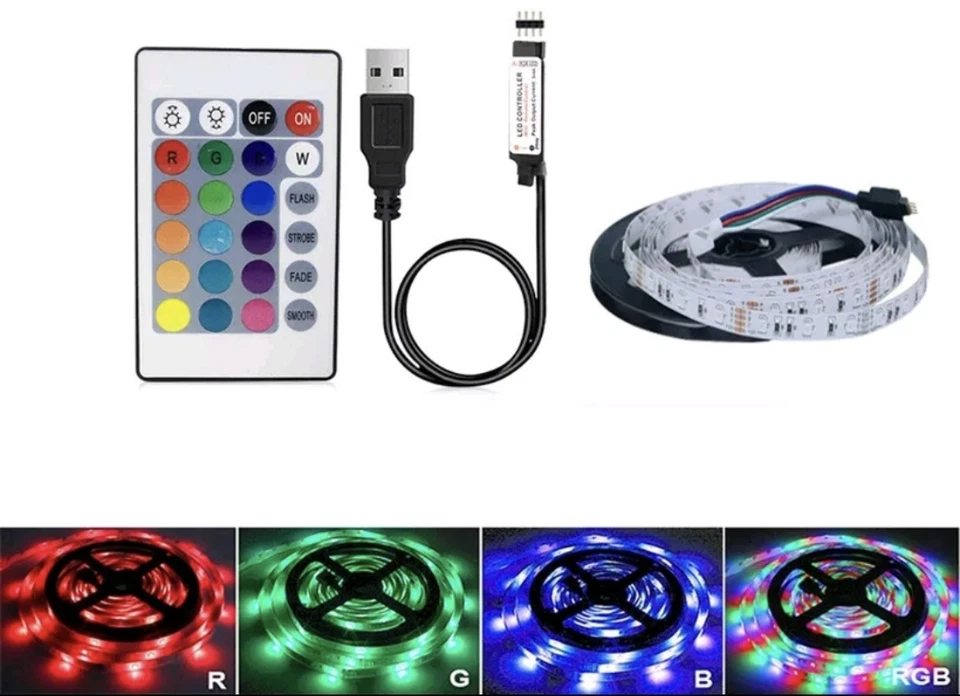 2m USB LED Light Strips Remote Control RGB 3528 TV Cabinet Room Lighting NEW - Image 1 of 4