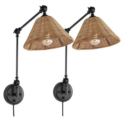 Juego de 2 luces de brazo oscilante de ratán para aplique de pared Wingbo Foto 1 de 4