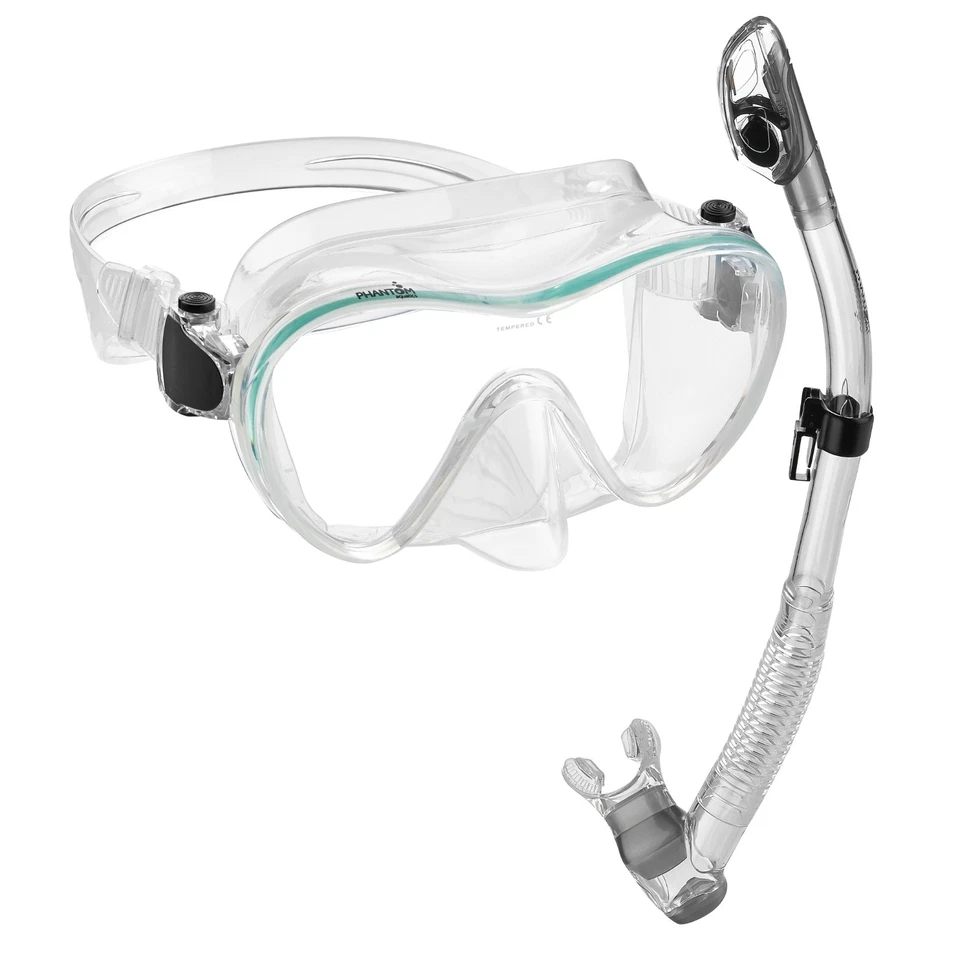 PHANTOM AQUATICS Scuba Snorkeling Freediving Silicone Frameless Mask + Dry Snorkel Set +Carry Bag