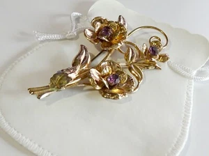 Large 1940's 4" Sterling Purple Stone 3 Flower Brooch Pin - Picture 1 of 4