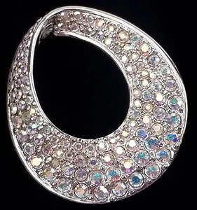 Signed Swan Swarovski Aurora Borealis Brooch Pin Crystals Rhodium Plated Oval - Picture 1 of 7
