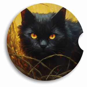Spooky Black Cat Car Coasters Set of 4 Non Slip Rubber Bottom Round Coaster - Picture 1 of 1