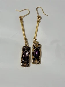 Victorian Trading Gold Baroque Filigree Drop Earrings Purple Stones 30W - Picture 1 of 4