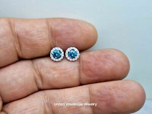 1.06ct Genuine Mined Blue & White Diamond Stud Earrings In 14K White Gold, Halo