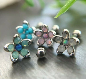 1pc Opalite & Opal Flower Surgical Steel Tragus Cartilage Barbell Ring 16g 1/4" - Picture 1 of 8