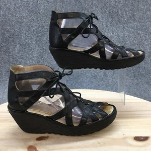 Fly London Sandal Womens 9 Black Yelifly Strappy Peep Toe Wedge Casual Leather - Picture 1 of 17